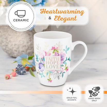 Christian Art Gifts Coffee Mug for Women and Men "Faith Hope Love" - 1 Corinthians 13:13 Lead-free and Non-Toxic White Ceramic Mug with Pastel Floral Inspirational Coffee Cup, 12oz