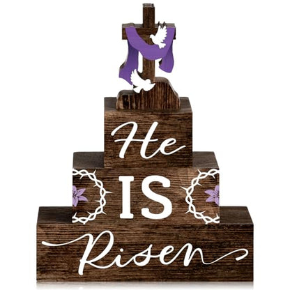 4 Pcs Easter Table Decorations He Is Risen Wooden Table Sign Religious Wood Centerpiece Easter Cross Blocks Farmhouse Tiered Tray Decor for Home Kitchen Shelf Decor (Religious) - style: Religious