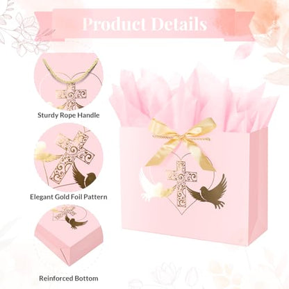 Linelglobal Baptism Gift Bag with Tissue Paper for Girl Pink Cross Gift Bag for Christenings First Communions Religious 12.6"