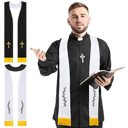 Panitay Embroidered Wedding Reversible Stole with Tassels Clergy Mass Stole with Cross Wedding Pastor Shawl - color: Black and White, style: Trendy