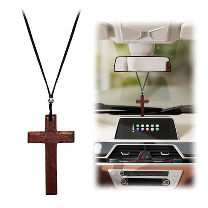 Wooden Cross for Car Mirror Hanging - Christian Vehicle Ornament with Wood Design, Cross Car Charm Hanging Accessory, Road Trip Travel Gifts for Men and Women (1)