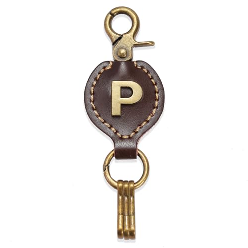 Initial Letter Keychain Brown Leather Alphabet Keychain with Easy Clasp, Key Car Key Bag Key Ring for Women Mens - color: P