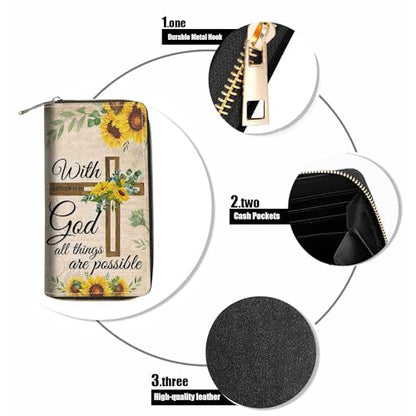 Christian Cross Quote Bible Verse Matthew 19:26 Print Wallet for Women Large Capacity Wallet Credit Card Holder PU Leather Zipper Clutch Purse Phone Wallet - color: Christian Cross Quote Bible Verse Matthew 19:26