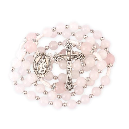 Nazareth Store 8mm White Jade & 10mm Natural Stone Beads Rosary Necklace St. Miraculous Medal & Cross Crucifix Catholic Prayer Beads Religious Jewelry - color: Pink Quartz