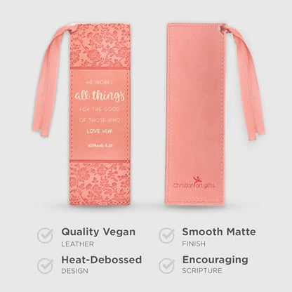 Christian Art Gifts Faux Leather Bookmark for Women: He Works All Things - color: Peach - All Things