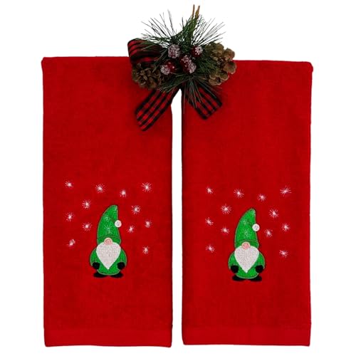 Christmas Red Guest Hand Bathroom Towels, Cute Festive Winter Gnome, 16x26" - color: Green Gnome on Red