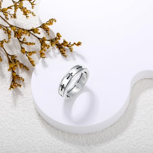 6mm Cross Rings for Men 925 Sterling Silver Lord’s Prayer Spinner Ring Wedding Band Ring for Men Women Size 8/9/10/11/12