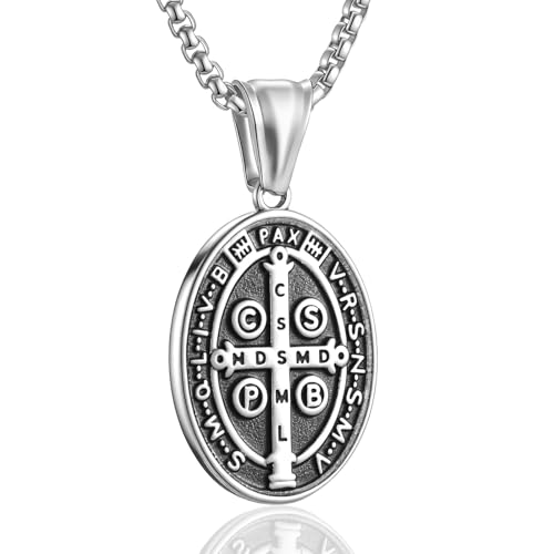 St Benedict Exorcism Medal Necklace for Men Catholic Cross Pendant - color: Silver-2