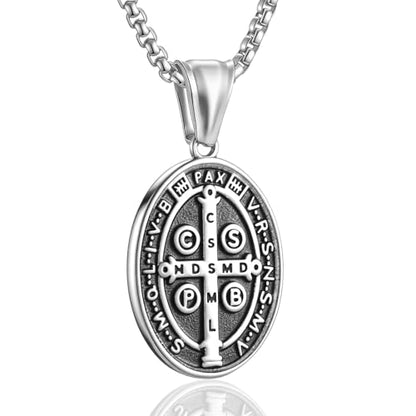 St Benedict Exorcism Medal Necklace for Men Catholic Cross Pendant - color: Silver-2