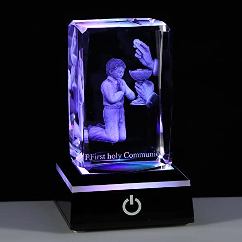 Qianwei First Communion Gifts for Boys, 3D Engraving Crystal Praying Boy John Figurine First Communion Veil Decoration, Baptism Gifts for Boy Catholic - color: First Communion Gifts for Boys