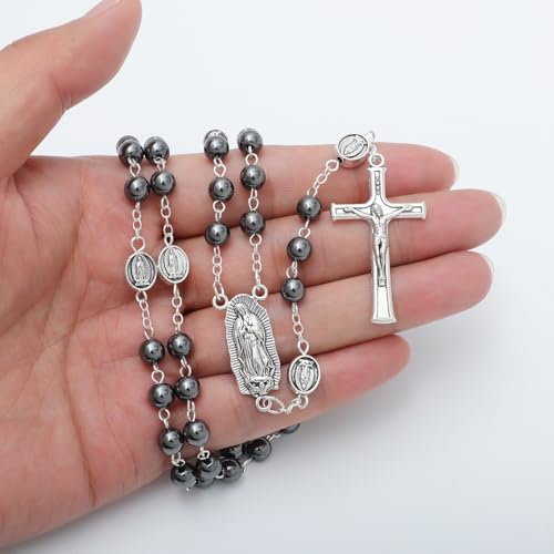 KOMI 6mm Glass Pearl Rosary Beads Catholic for Women with Metal Rosary Box Religious Gifts - style: Guadalupe-hematite