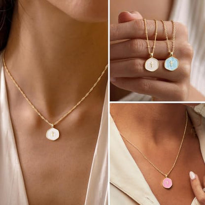 M MOOHAM Enamel Mini Cross Necklace for Women Girl, 14K Gold Plated Jewelry - color: pink cross-cable chain