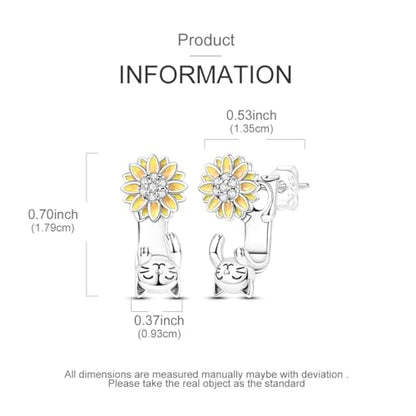 LAZA 925 Sterling Silver Stud Earrings for Women Cat and Sunflower Earrings - color: Yellow Sunflower Cat