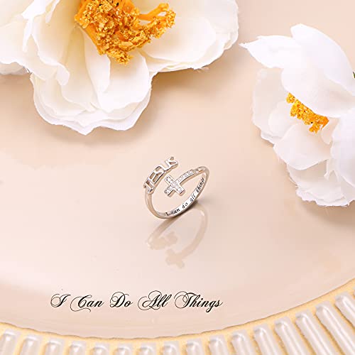FLYOW Cross Ring 925 Sterling Silver Engraved I Can Do All Things Love of Jesus Cross Ring Religious Jewelry for Women, Size 5-10