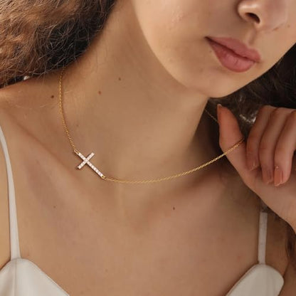 Poxtex Cross Necklace for Women Teen Girls, Dainty 14K Gold Silver Plated Cross Choker Jewelry Non Tarnish Waterproof Cute Simple Small Necklace Christian Baptism Religious Faith Jewelry Gifts - color: 05 Sideway Cross Necklace- CZS