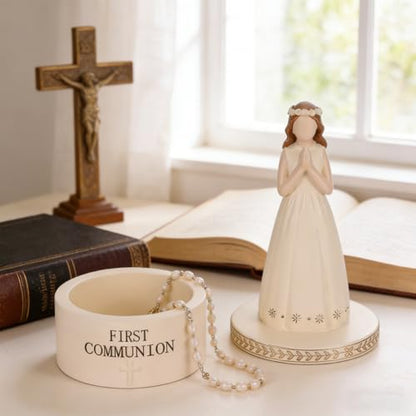 First Communion Gifts for Girls, 1st Holy Communion Gift with Prayerful Girl Figurine and Keepsake Box, Catholic Religious Keepsake, Jewelry Memory Box, First Communion Decor Gift