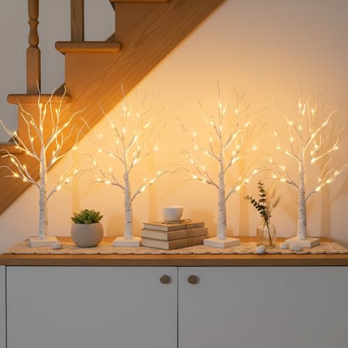 EAMBRITE Home Decorations Light Up White Birch Tree Indoor Christmas Decor, 4 Pack Battery Operated/USB Lighted Tabletop Money Tree Lamp Led Lights Xmas Wedding Centerpiece Table Room (2 Ft) - style: Birch Tree x4