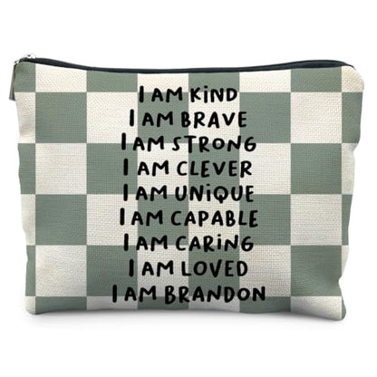 Inspirational Makeup Bag, Affirmation Encouragement Gifts for Women, Sage Green Checkered Cosmetic Bag Canvas Toiletry Zipper Pouch for Women - color: I AM KIND