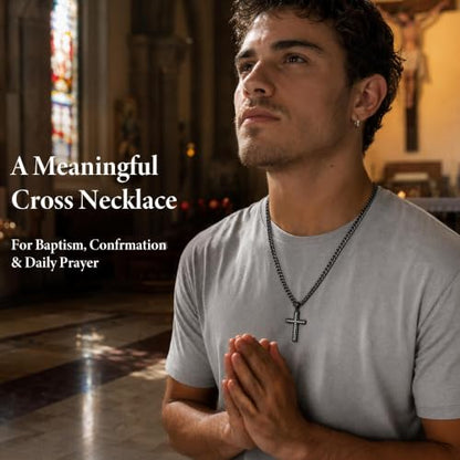 Cross Necklace for Men, Cuban Chain with Cubic Zirconia Pendant - color: BLACK