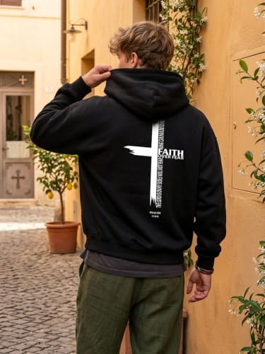 Eatbook Christian Hoodies for Men Faith Over Fear Cross Graphic Hoodie - color: Black, size: XX-Large