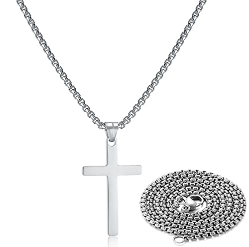 SKQIR Stainless Steel Cross Necklace for Men Silver Cross Necklace for boy Small Cross Pendant Necklace Simple Jewelry Cross Chain Gifts for Men - color: Silver:Cross Pendant 0.7'' * 1.2'', style: Chain 18 inches