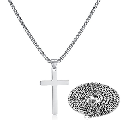 SKQIR Stainless Steel Cross Necklace for Men Silver Cross Necklace for boy Small Cross Pendant Necklace Simple Jewelry Cross Chain Gifts for Men - color: Silver:Cross Pendant 0.7'' * 1.2'', style: Chain 18 inches