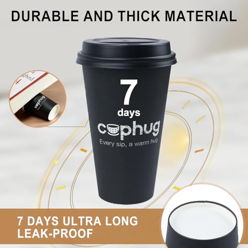 16oz Disposable Coffee Cups with Lids, Kraft Sleeves & Straws, 100 Pack Black Paper Hot Drink Cups - color: Black, size: 16oz-100Pack