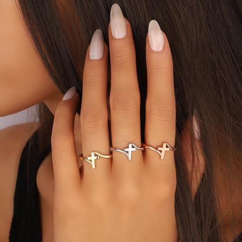 Cross Ring Women 14K Gold Plated Statement Stackable Engagement Christian - color: A-rose gold