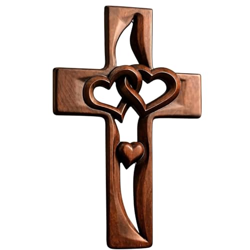 Hand-Carved Intertwined Hearts 9.84 inches Wooden Wall Cross for Wall Sacred, Mothers Day Gifts for Mom ,Handmade Hanging Cross Heart-Shaped Decoration Marriage Wedding Valentine Wood Decorative Gift