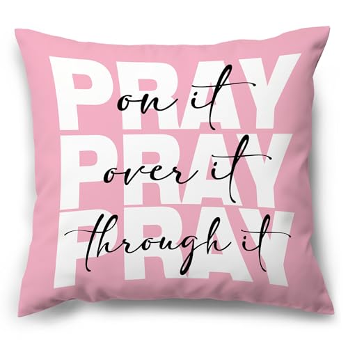 Pink Christian Pray Decorative Throw Pillow Covers, Bible Verse Scripture Pillows Covers, Pray on It Over It Through It Pillow Cases Decor for Girly Prayer Room Dorm Couch Bedroom 18x18in - color: Pink