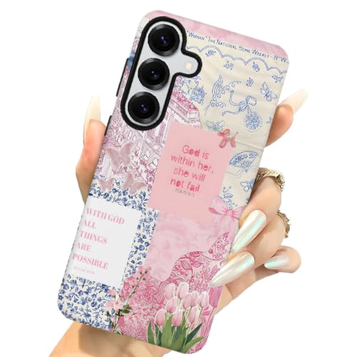 Compatible with Samsung Galaxy S25 FE,2-in-1 Frosted Phone Cover Shockproof Case - Bible Verse Pink Tulip Flowers - color: Bible Verse Pink Tulip Flowers, size: Samsung Galaxy S25 FE