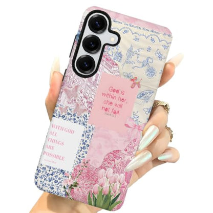 Compatible with Samsung Galaxy S25 FE,2-in-1 Frosted Phone Cover Shockproof Case - Bible Verse Pink Tulip Flowers - color: Bible Verse Pink Tulip Flowers, size: Samsung Galaxy S25 FE
