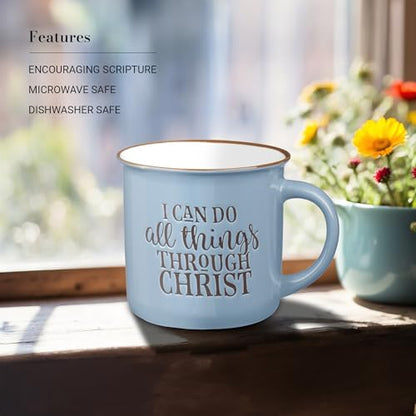 Christian Art Gifts Blue Camp Style Phiippians 4:13 Ceramic Coffee Mug - style: All Things Through Christ