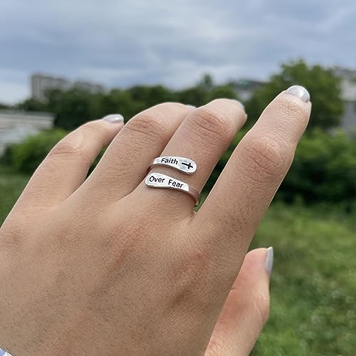 STROLLGIRL 925 Sterling Silver Faith over Fear Ring Faith Religious Jewelry Quote Ring Friend Daughter Gifts