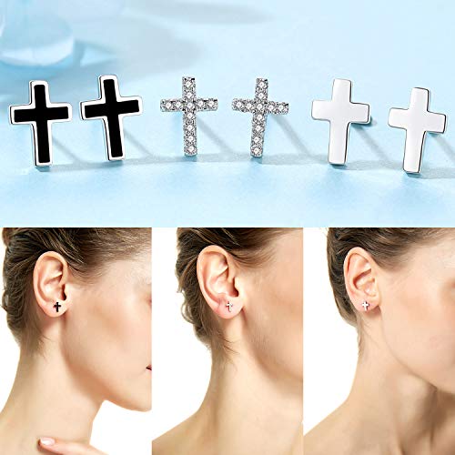 REVEMCN 3-Pair Cross Earrings for Men & Women, Stainless Steel & 925 Silver - color: 3 Pairs
