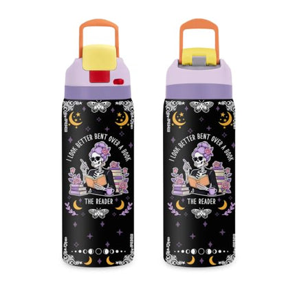 Gothic 32oz Insulated Water Bottle, Booklover Gift, 2-in-1 Lid, 1PCS - color: Gothic Reading-Black