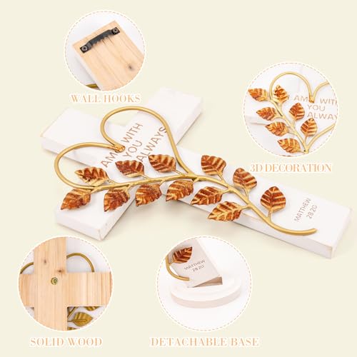 Wooden Cross Wall White With Solid Wood Iron Copper Gole Leaf Heart Shaped - color: White