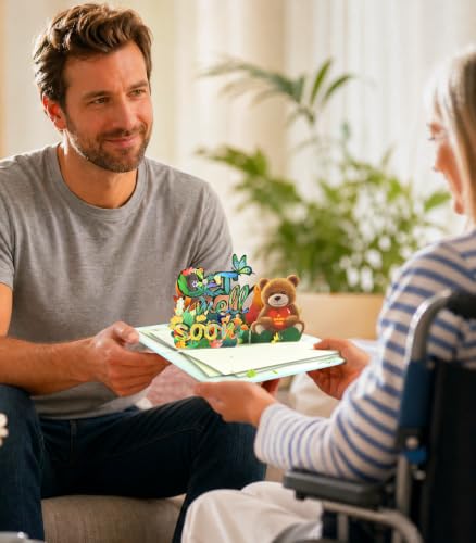 Magic Ants 3D Get Well Soon Pop-Up Card with BrownBear, Cheerful Flowers, and Butterflies | Uplifting Recovery Greeting Card for Kids, Adults, and Seniors | Personalised Note & Envelope Included - color: Flowers Butterflies