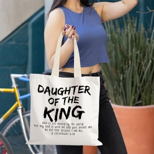 Walk by Faith Christian Canvas Tote Bags for Women, Christian Gifts for Women Faith, Bible Verse Gifts - color: Daughter of the King