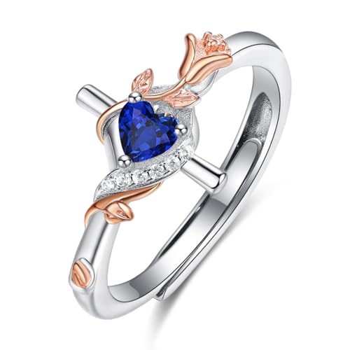 Birthday Gifts Birthstone Rings for Women 925 Sterling Silver Birthstone Rings Anchor/Tree of Life/Snake/Rose Cross Faith Religous Jewelry Gift for Wife Mom Grandma - color: 09-Sapphire (C), style: Rose Cross