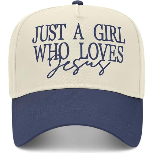 Just A Girl Who Loves Jesus V2 Hat | Premium Adjustable Christian Snapback Baseball Vintage Trucker Hat for Women - color: Navy/Natural