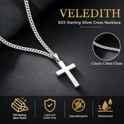 925 Sterling Silver Cross Necklaces for Mens Women CZ Beveled Edge - color: Beveled edge silver cross