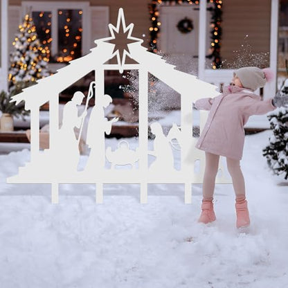 Cinnvoice 40" x 31" Large Christmas Metal Yard Stakes Christmas Garden Stakes Waterproof Xmas Outdoor Yard Decor with Stake for Xmas Holiday Lawns Outdoor Decor(Nativity,White)