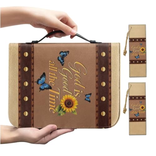 PU Leather Bible Cover Church Bible Bag with Bookmarks Book Covers Blue Butterfly Sunflower Print Carrying Bible Case with Zippered Pockets for Prayer, M - color: Blue Butterfly Sunflower, size: Medium