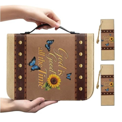 PU Leather Bible Cover Church Bible Bag with Bookmarks Book Covers Blue Butterfly Sunflower Print Carrying Bible Case with Zippered Pockets for Prayer, M - color: Blue Butterfly Sunflower, size: Medium