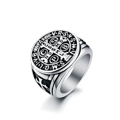 LAOYOU Men's St Benedict Exorcism Ring Stainless Steel Catholic Roman Cross Demon Protection Ghost Hunter