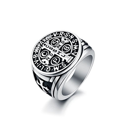 LAOYOU Men's St Benedict Exorcism Ring Stainless Steel Catholic Roman Cross Demon Protection Ghost Hunter