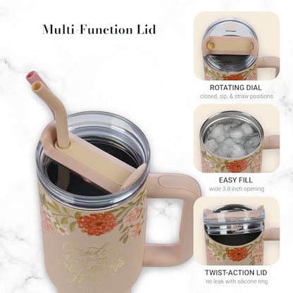 Christian Art Gifts Extra Large Stainless Steel Double-Wall Insulated Inspirational Scripture Travel Mug Tumbler for Women: Wildflowers Grow Verse, Reusable Straw, Twist Lid, Peach Pink Floral, 40 oz. - color: Peach Pink Floral/Wildflowers Grow