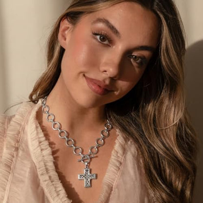 Chunky Cross Necklace for Women, 925 Sterling Silver Pendant with Copper Chunky Chain, Non Tarnish Statement Necklace for Daily Wear, Gift - color: Silver-05