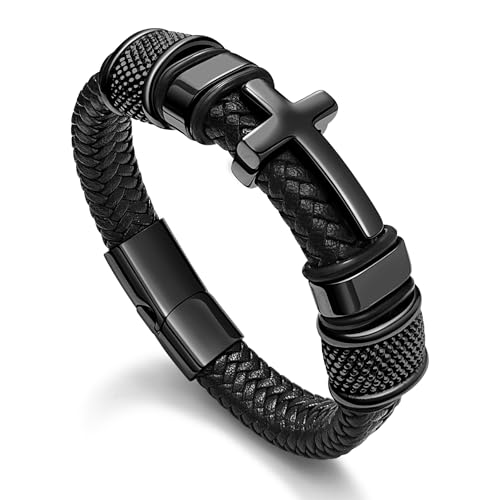 Black Cross Cuff Bracelet for Men, Philippians 4:13 Stainless Steel Braided Leather Bible Verse Jesus Bracelets Inspirational Faith Gift for Dad Brother Son Religious Baptism Confirmation Gifts - color: D-Black Cross, size: 8.3 Inches